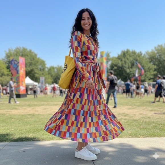 The Unbranded Brand Dresses & Skirts - Maxi Dress M Colorblock Rainbow Belted Boho 80s Artsy Mod‎ Festival